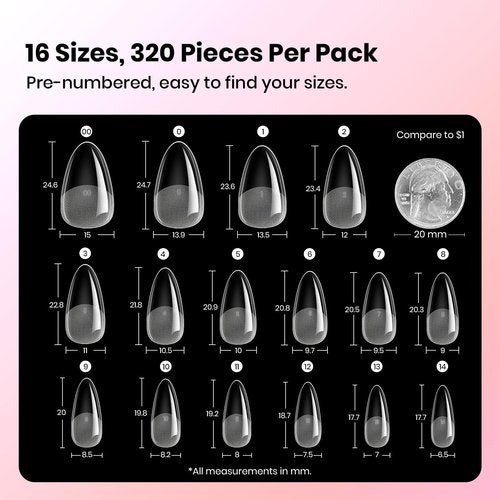 Beetles Gel Nail Tips Curve-EX - Almond Medium, 320pcs 16 Sizes, Etch-X Half Matte Full Cover Soft Acrylic False Press on Nail Tips Easy DIY Nail Extension Art Salon for Curved & Natural Nail Beds