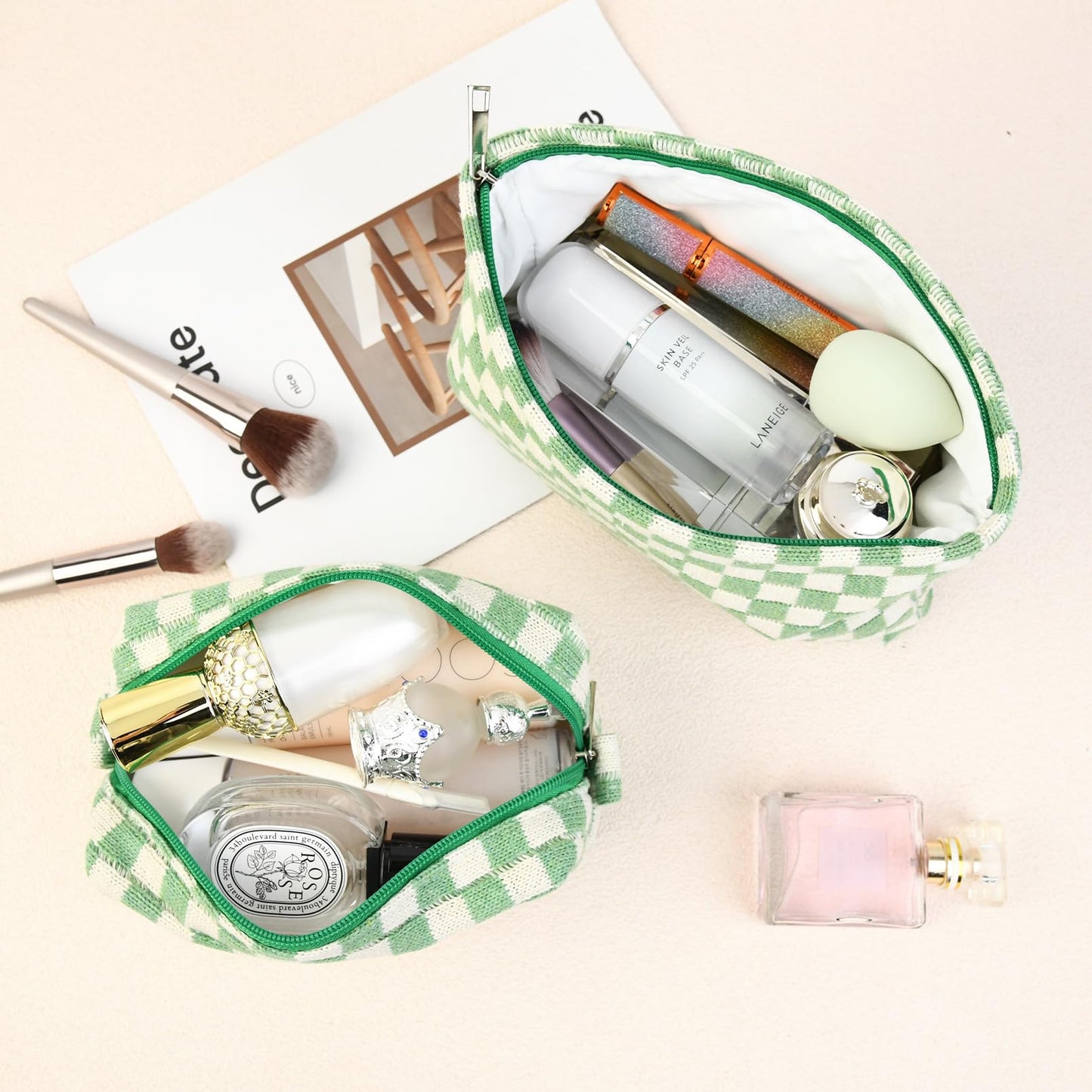 SOIDRAM 2 Pcs Checkered Makeup Bag Large Cosmetic Bag Toiletry Bag Makeup Pouch Travel Bag Organizer Cute Makeup Brushes Aesthetic Accessories Storage Bag for Women Green