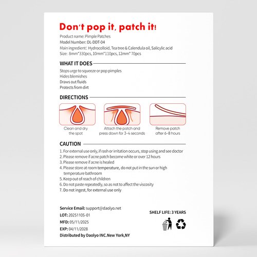 Daolyo Pimple Patches for Face - 3 Size 510 Counts Hydrocolloid Acne Patches for Covering Zits and Blemishes, Spot Stickers with Salicylic Acid, Tea Tree Oil & Calendula Oil(8mm,10mm,12mm)