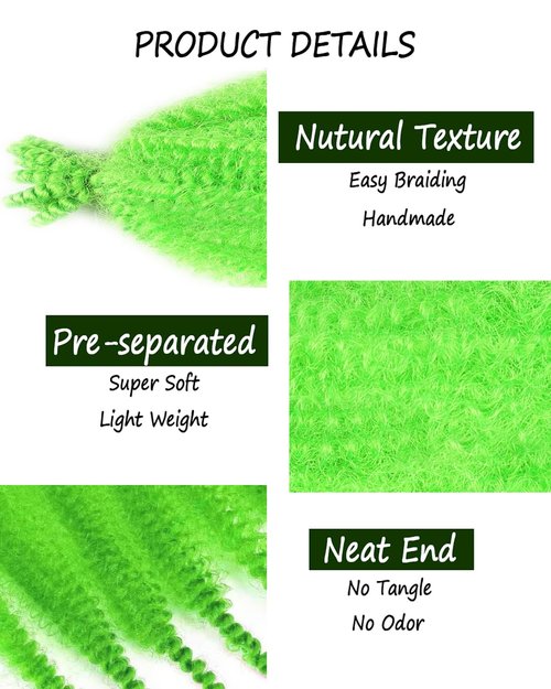 ADIASAI 3 Packs Green Springy Afro Twist Hair with Crochet Hook, 24 Inch Pre-Separated Marley Crochet Braiding Hair for Distressed Soft Locs, Synthetic Hair Extension for Black Women