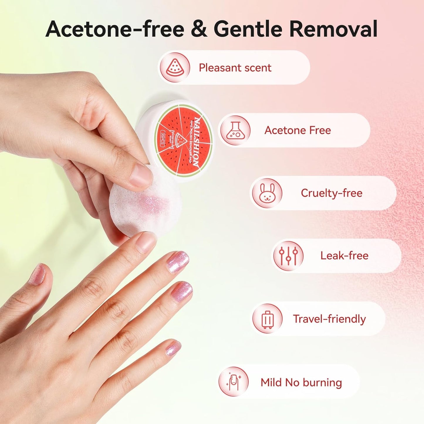 VE Nail Polish Remover Pads - 140 Non-Acetone Wipes | Quick 3-5s Removal | Moisturizing Watermelon Scent