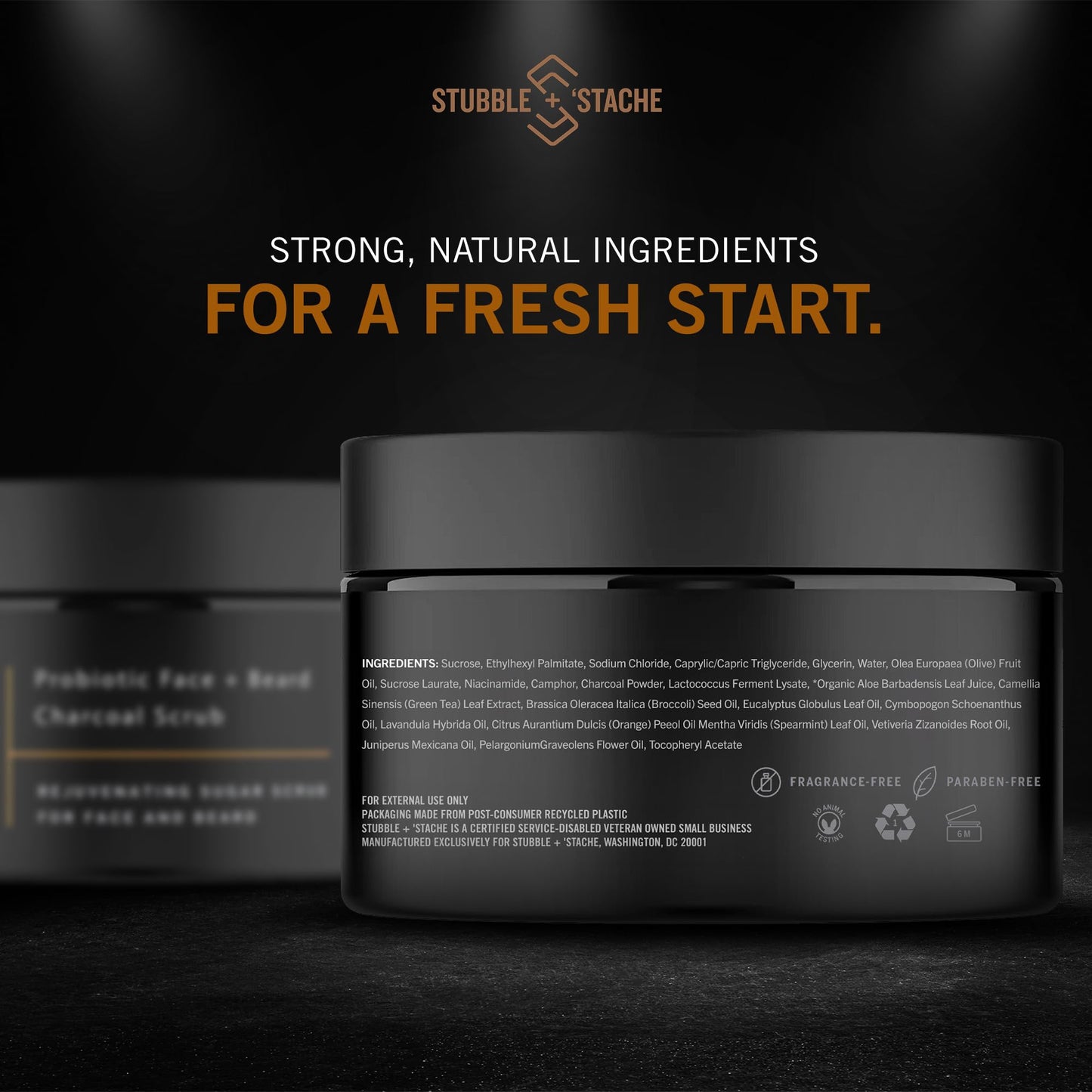 stubble & stache Exfoliating Probiotic Face & Beard Charcoal Sugar Scrub for Men - Deep Cleanse, Pre-Shave Wash, Natural Pore Minimizing Scrub for Daily Use - 3.4 fl oz