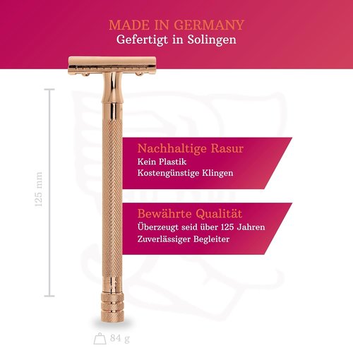 MERKUR 24G Safety Razor for Women - Extra Long Handle with 10 Double Edge Blades | Rose Gold Finish