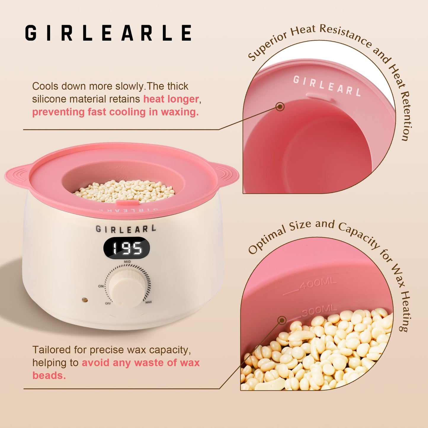 GIRLEARLE Premium Digital Waxing Kit for Women and Men, Wax Warmer Hair Removal at Home with Wax Beads & Silicone Pot, Target Different Types of Sensitive Skin Brazilian Bikini, Facial, Leg, Full body