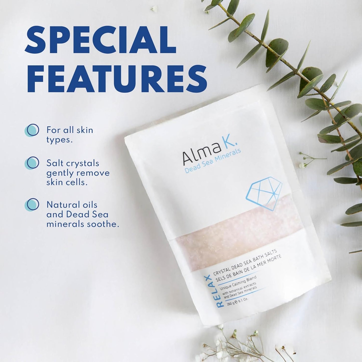 Alma K Crystal Dead Sea Bath Salts - Exfoliate & Hydrate - White Tea & Neroli Scent - 9.1 oz