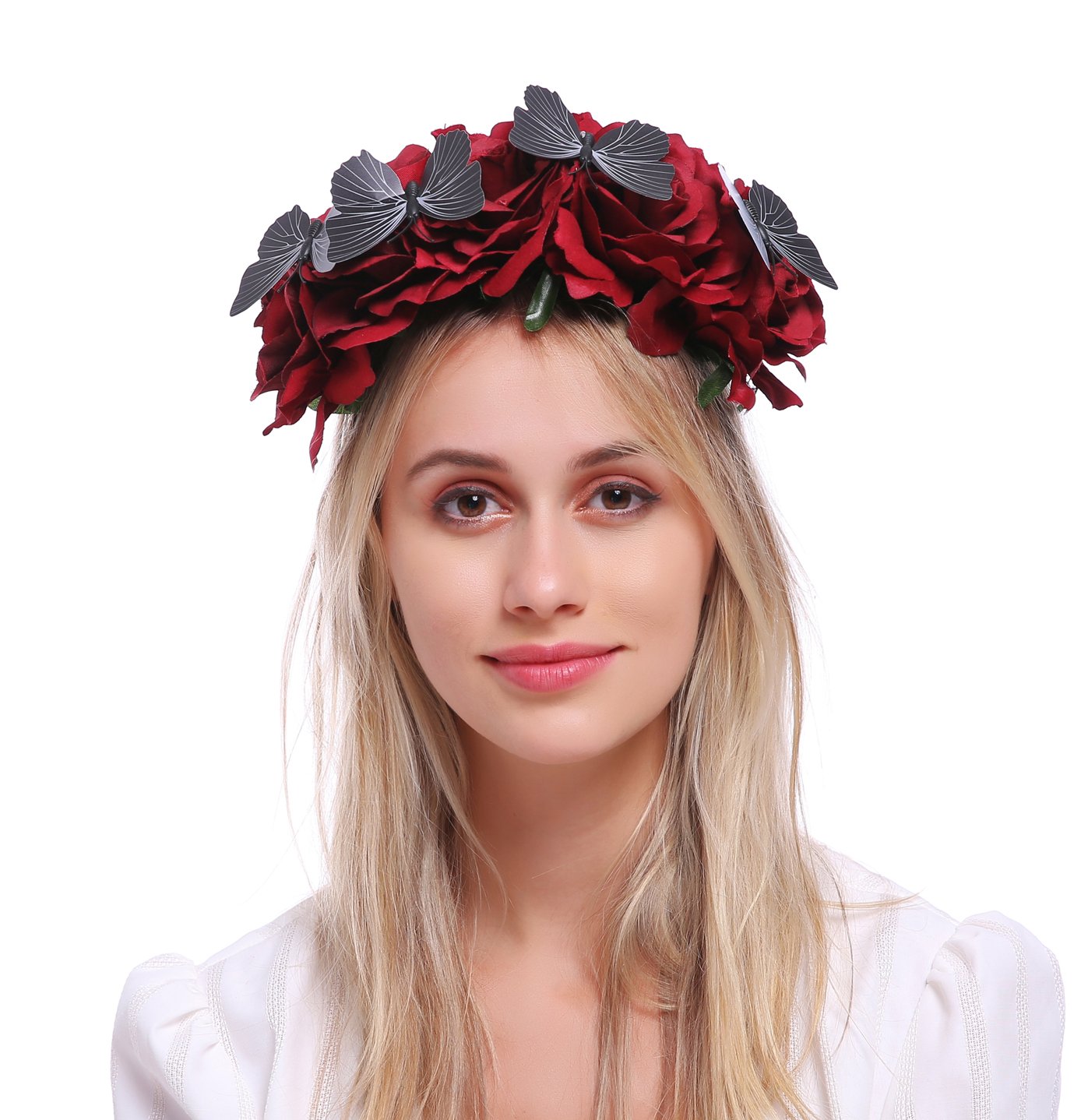 Love Sweety Women Halloween Vintage Crown Rose Headband Butterfly Gothic Floral Headpiece (Red)