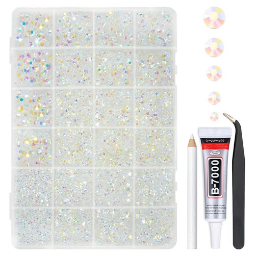 qiipii Transparent AB Resin Rhinestones w B7000 Glue for Bedazzling Crafting 2mm-6mm Clear White AB Flatback Jelly Stones Diamonds Gems Bedazzler Kit Charms for Nails Face Makeup Tumblers DIY Crafts