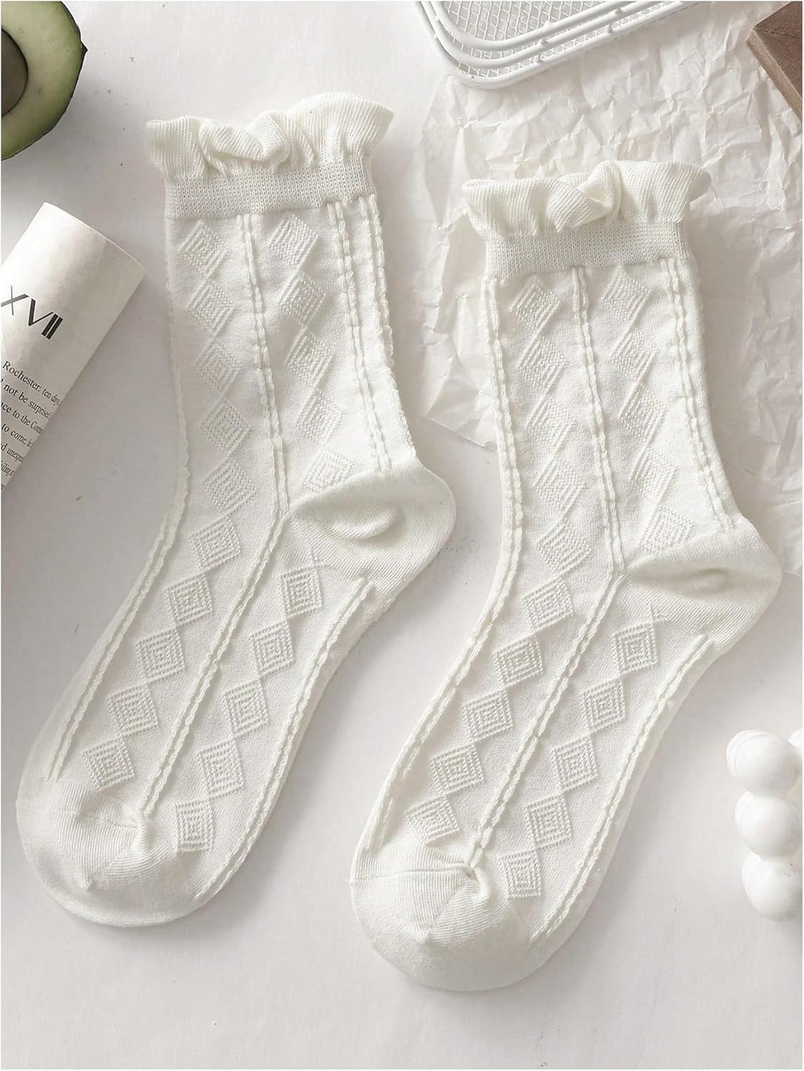 SHENHE Women's Crew Socks - Cute Ruffle Bow Print Design | 5 Pairs of Knitted Mid Calf Socks