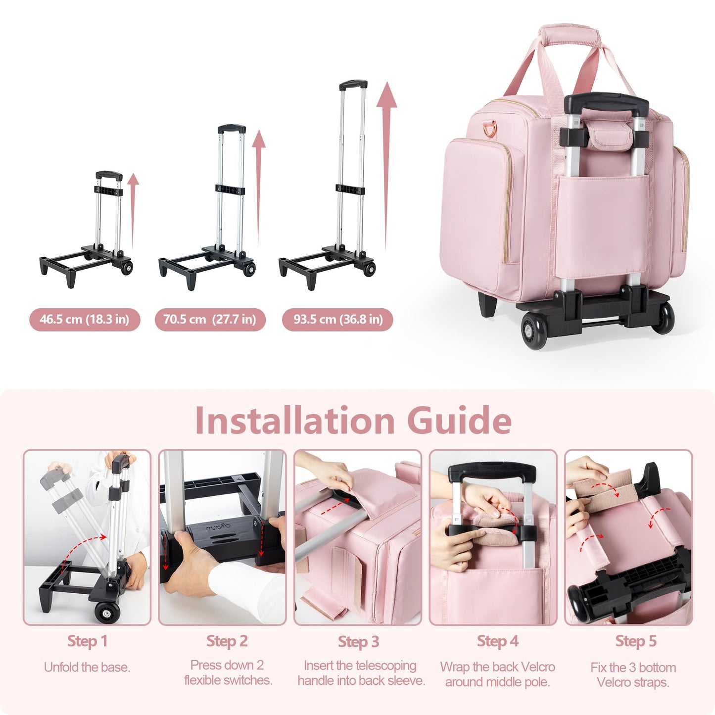 Prokva Rolling Makeup Case with 4 Removable Bags, Professional Makeup Train Case with Wheels, Makeup Artist Travel Bag with Brushes Storage Section, Pink (Patent Design)