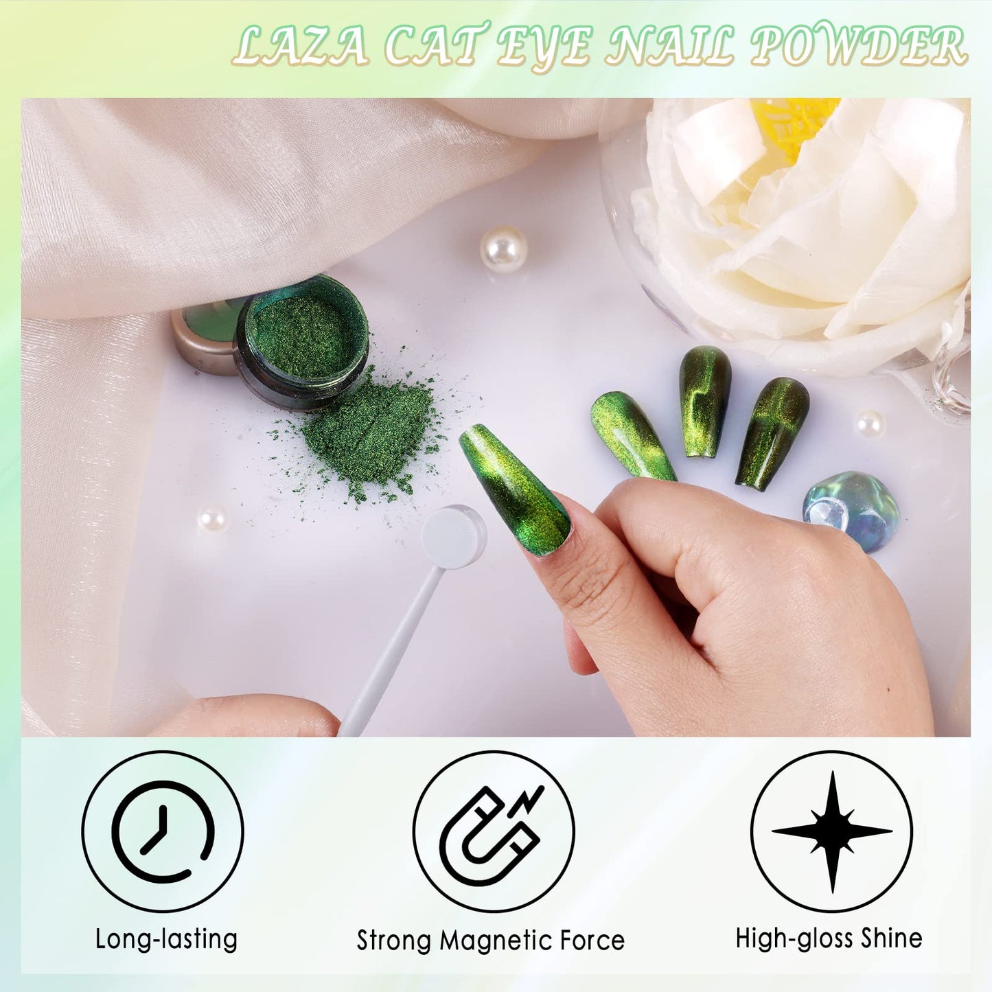 Laza Cat Eye Chrome Nail Powder Chameleon Magnetic Powder 9D Cat Eye Effect Mirror Effect Pigment Dust Magic Galaxy Holographic Effect Glitter with Magnetic Stick for Velvet Nail Art - Gold Jadeite