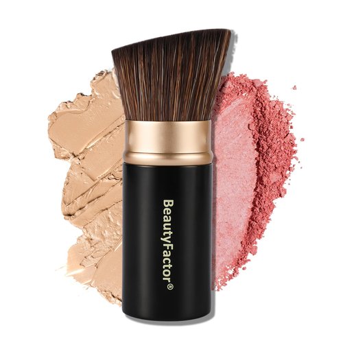 Retractable Kabuki Makeup Brush, Angled Top Travel Makeup Brush Portable Powder Brushe for Liquid Cream and Powder Face With Aluminum Handle