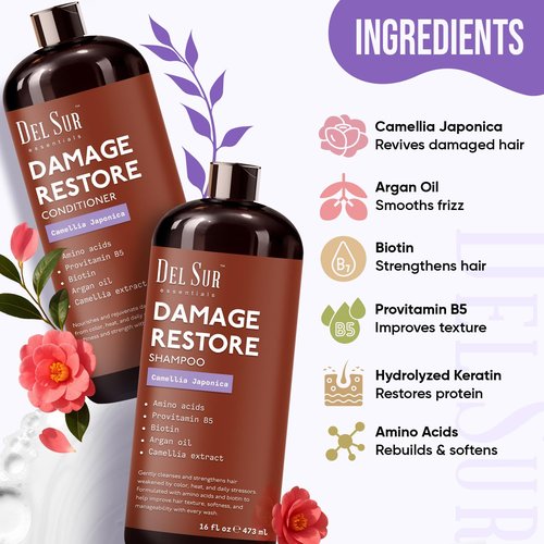 DEL SUR Hair Repair Shampoo & Conditioner Set - 16 Fl Oz Each | Moisturizing with Camellia Japonica & Biotin