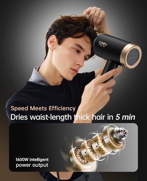 CONFU Ionic Blow Dryer 1600W, Portable Lightweight Fast Drying Negative Ion Hairdryer Blowdryer, 3 Heat Settings & Infinity Speed, with Diffuser and Concentrator Nozzle for Home & Travel