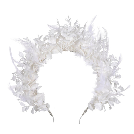 MOSTORY Handmade White Feather Crown - Flower Halo Headband Bohemian Hairband with Leaves Fairy Headpiece for Women Girls Wedding Party Mardi Gras Carnival Fae Ball Photo Shoot