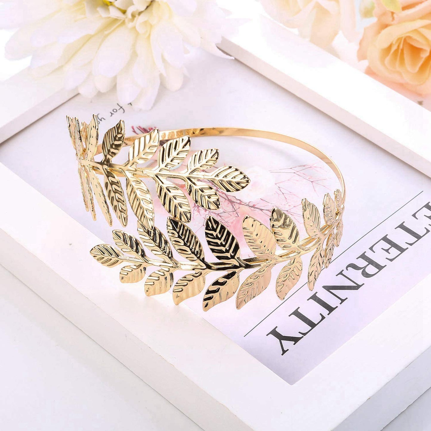 FUNRUN JEWELRY 4PCS Greek Goddess Headband Arm Cuff Bridal Jewelry Set Roman Laurel Leaf Branch Crown Armlet Upper Arm Band Bracelet for Women Party