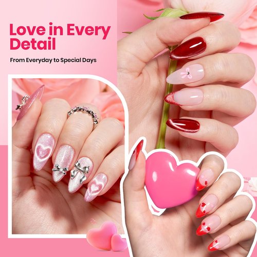 Beetles 30 Pcs Gel Nail Polish Kit with U V Light - 6 Colors Red Cat Eye Gel Polish Set Pink Jelly Glitter Sweet Date Collection with Heart Magnet Manicure DIY Salon Gifts for Mom Women Teens Girls