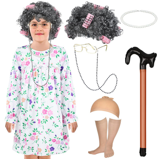 ramede 8 Pcs Halloween Old Lady Cosplay Costume for Kids 100th Day of School Grandma Costume with Cane Dress Wig(3-4 Years)