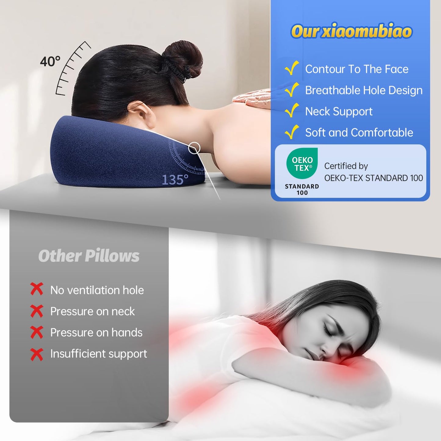 Xiaomubiao Face Down Pillow - Comfortable Massage Headrest for Stomach Sleeping | Navy Blue Cover