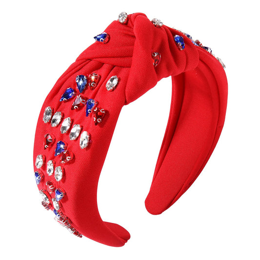 American Flag Rhinestone Knotted Headband for women Sparkly Red White Blue Crystal Embelishied Hairbands Twist Turband Headead (red 7.4-headband)