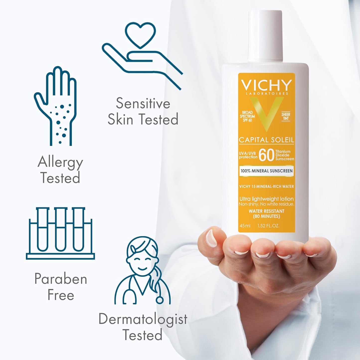 Vichy Capital Soleil Tinted Mineral Sunscreen SPF 60 - Lightweight, Water-Resistant Face Protection, Travel Size