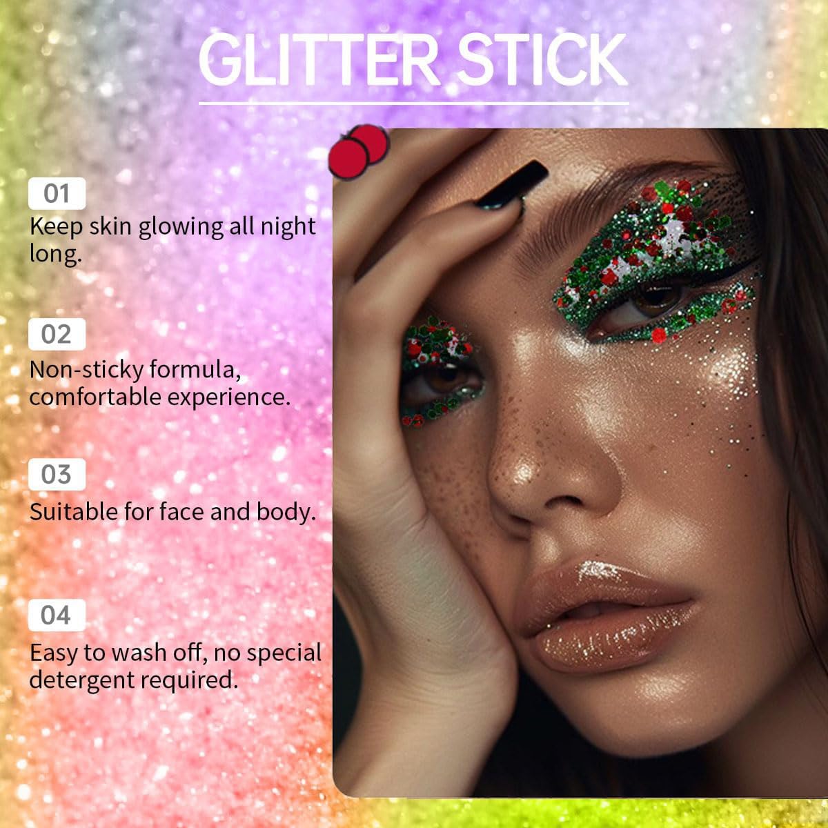 Skiennix Body Glitter Stick - Sparkling Holographic Sequins for Eyes, Lips, Hair & Face | Red, Green & White