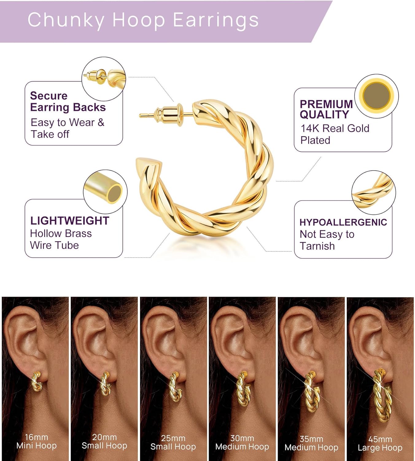 Wowshow Gold Hoop Earrings - 14K Gold Plated Chunky Design | Lightweight Jewelry Gifts in 14/20/30/35/45MM