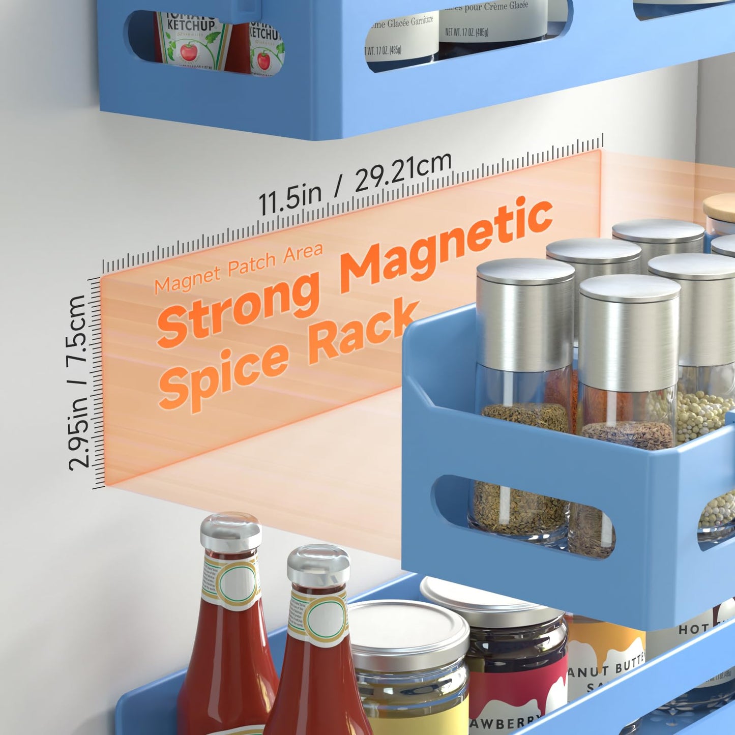 4 Pack Strong Magnetic Spice Rack for Refrigerator, Multipurpose Magnetic Shelf for Fridge with 4 Hooks for kitchen and Bathroom Organization, Black