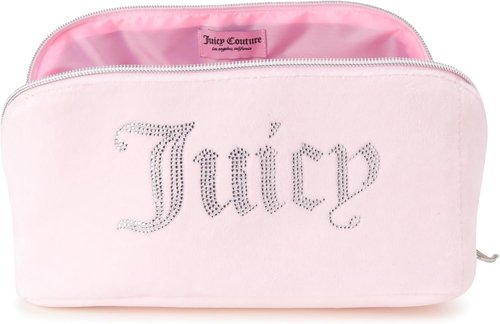 Juicy Couture Pink Makeup Bag - Velour Cosmetics Organizer with Rhinestone Handle for Travel Essentials