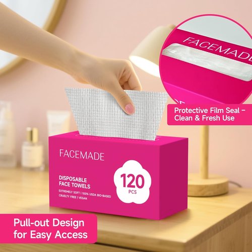 FACEMADE Disposable Face Towels - 120 Count Biobased Towelettes for Soft, Clean Skin | Ideal for Makeup Removal