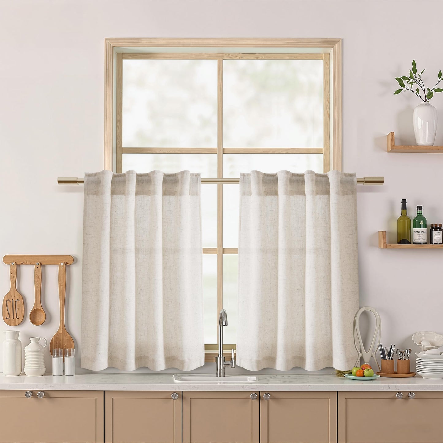 Nanspring Natural Linen Curtains for Kitchen Windows Over Sink - Cafe Curtain Semi Sheer with Rod Pocket and Back Tab Lightweight Rustic Textured Bistro Curtains for Bathroom, 2 Panels 25 x 24 Inch