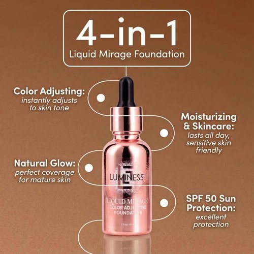 LUMINESS Liquid Mirage Foundation Kit - SPF 50 Color Adjusting Formula with Primer & Brush | Perfect for Mature Skin