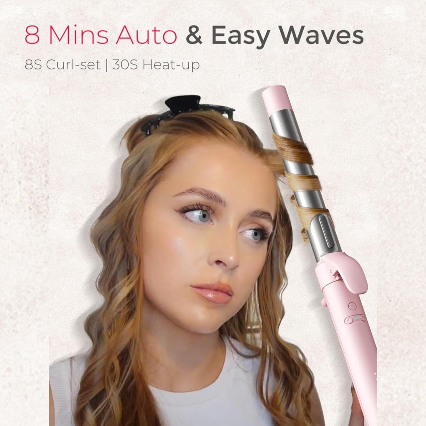 TYMO Automatic Curling Iron - Rotating Beach Waves Curling Wand for Long Hair, 1.25 Inch, Pink