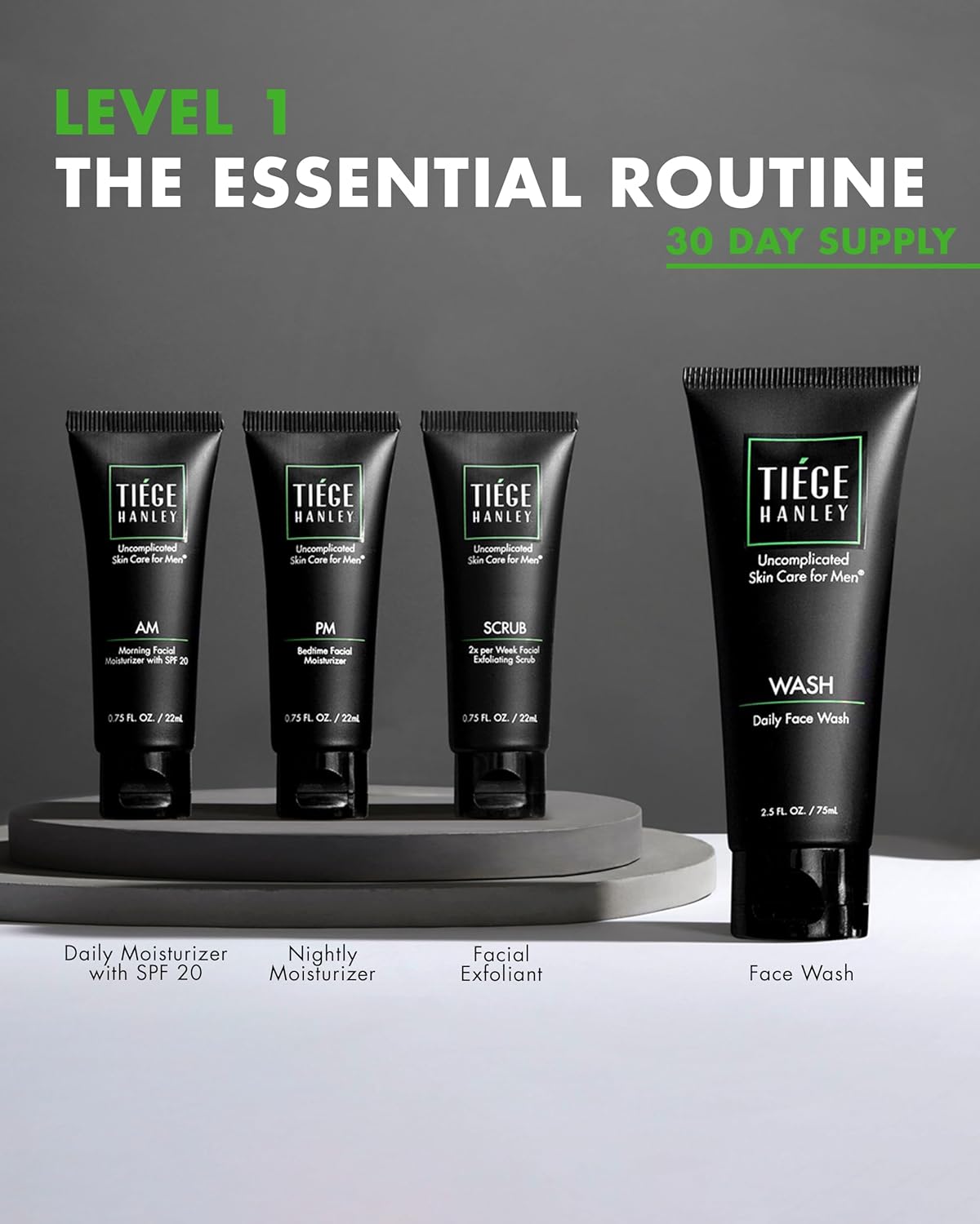 Tiege Hanley Skin Care Set for Men - Essential Daily Routine | 4-Piece System Level 1 with SPF Moisturizer