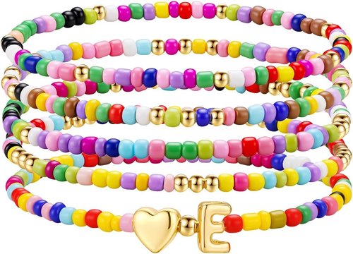 M MOOHAM Colorful Beaded Initial Bracelets - Cute Stretch Heart Jewelry for Girls | 5PCS Set