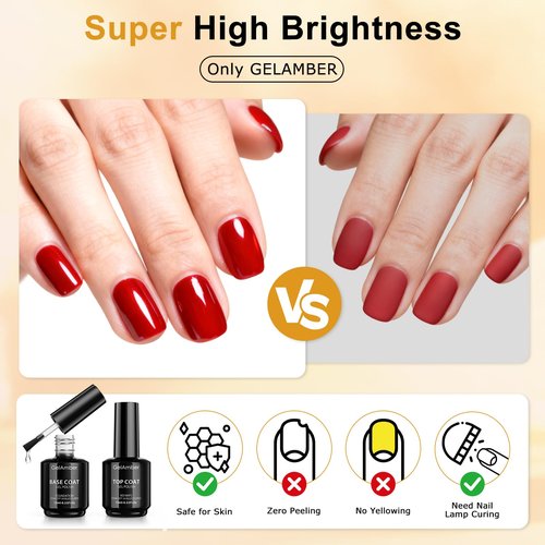 GELAMBER 2Pcs 15ml Gel Top Coat and Gel Base Coat, No Wipe Top and Base Gel Polish Kit, High Glossy Shine Long Lasting Soak Off Nail Art for Home DIY and Professional Manicure Gift
