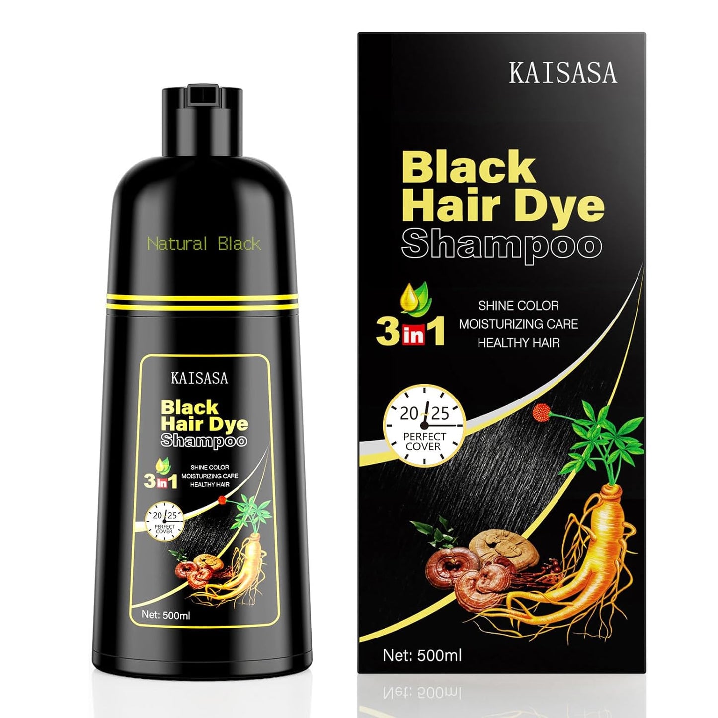 KAISASA Black Hair Dye Shampoo - 3 in 1 Herbal Formula for Gray Coverage | 500ml