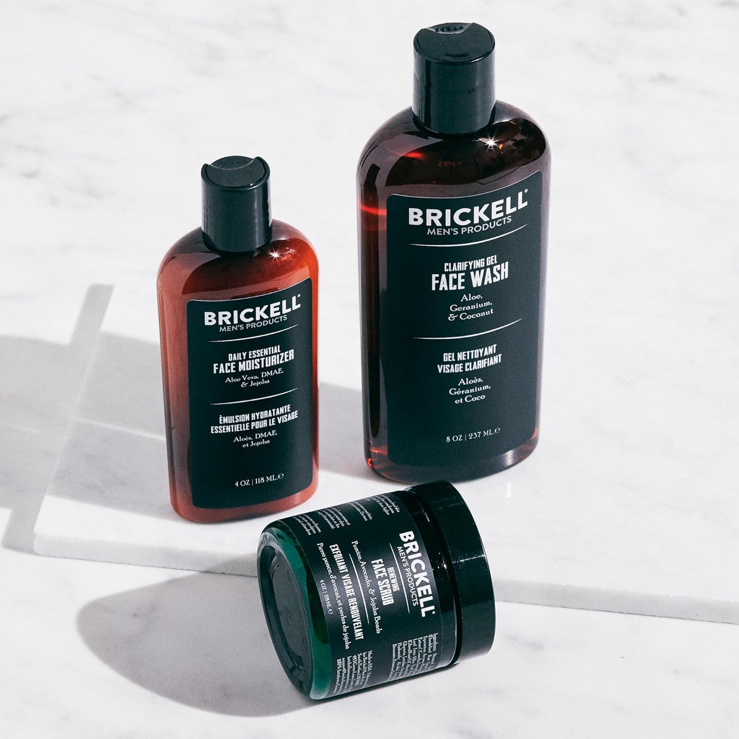 Brickell Men's Products Daily Advanced Face Care Routine - Gel Cleanser, Scrub & Moisturizer Set | Natural & Organic