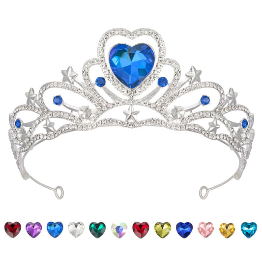 SWEETV Birthday Crowns for Women Girls Birthstone Heart Princess Tiara Silver Wedding Headband for Birth Day Party Photograph, Mar