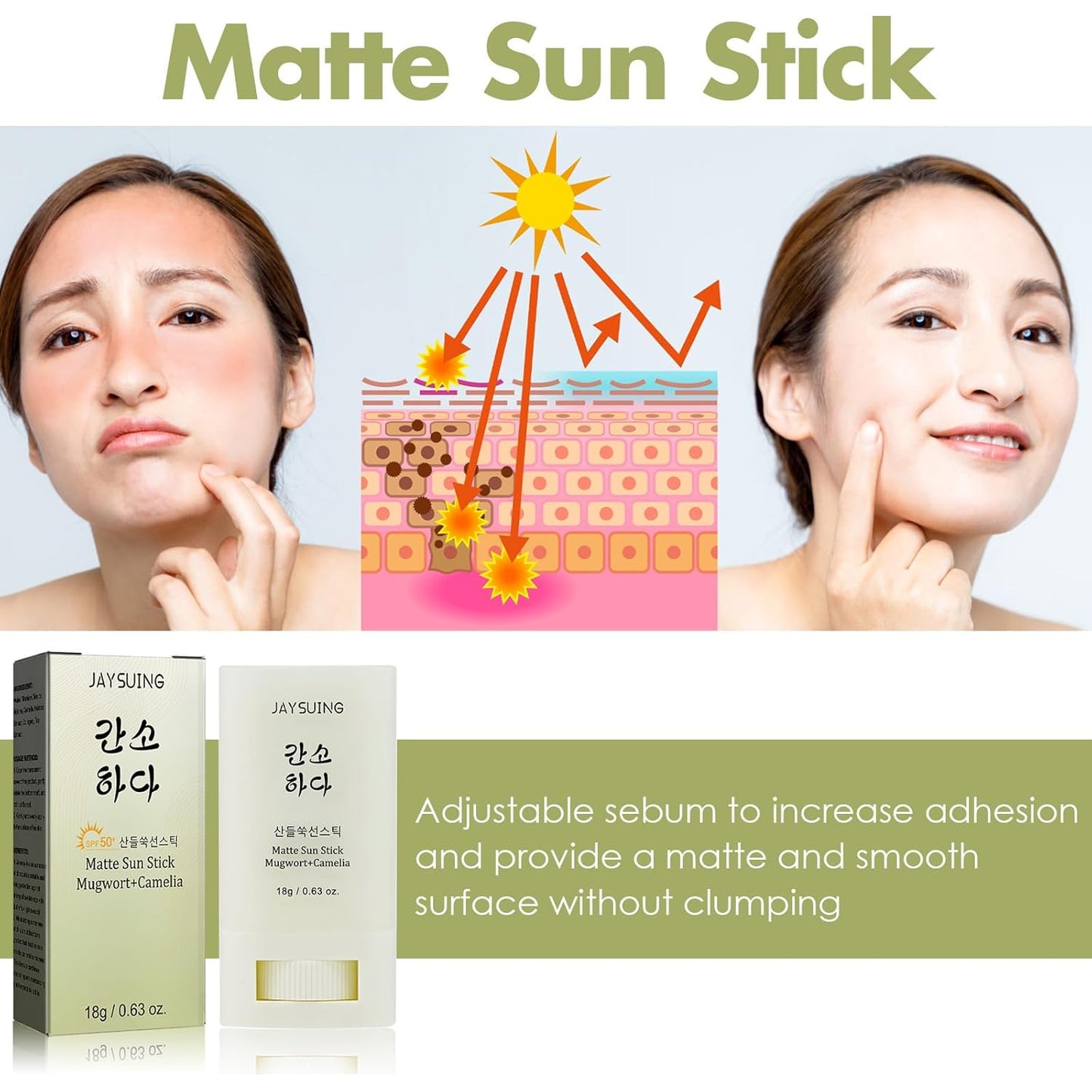 Skiennix Matte Sun Stick | Mugwort & Camellia Korean Sunscreen Stick with SPF 50+ PA+++ - Non-Greasy, No White Cast (18g/0.63oz)