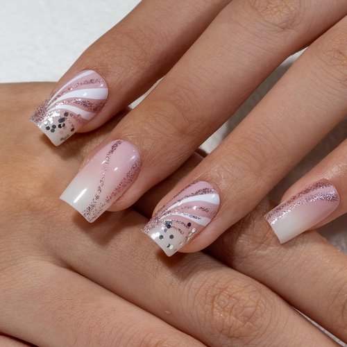 Curvlife Press on Nails Acrylic Fake Nails with Long Square Shell Design Full Cover False Nail Tips for Women Reusable Nail Kit with Nail Glue Adhesive Tabs