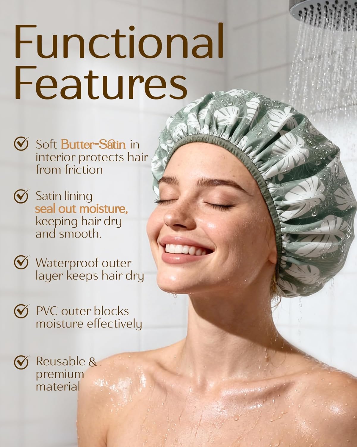 Yanibest Shower Cap - Waterproof Satin Bonnet for Long Hair | Large Double Layer Design with Soft Elastic Band