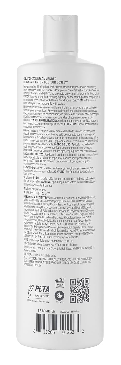 BosleyMD BosRevive Nourishing Shampoo for Thinning Hair - DHT Blocker, Sulfate-Free Vegan Formula with Biotin & Rosemary - 33.8 Fl Oz