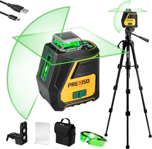 PREXISO 360 Laser Level - Rechargeable IP54 Vertical Line Laser with Tripod | 100Ft Green, 3 Brightness Settings for Construction & Renovation