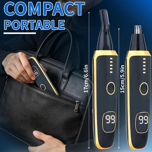 Nose and Ear Hair Trimmer for Women Men,2 in 1 LED Display Eyebrow Hair Trimmer with USB Rechargeable,Portble Waterproof Facial Hair Removal with Dual-Edge Blades for Travel (Black Gold)
