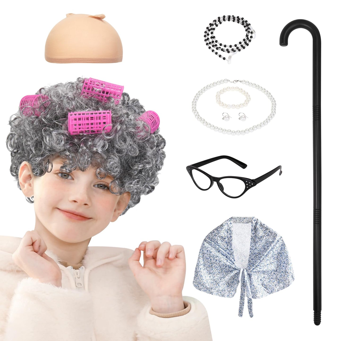 IEBIYO Old Lady Costume for Kids Granny Wig 100 Days of School Costume Set Girls Grandma Costume 10 Pcs Accessories for Halloween Cosplay