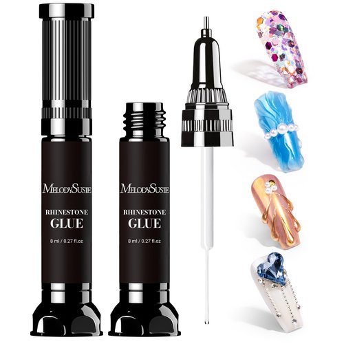 MelodySusie 2Pcs Nail Rhinestone Glue, 3D Gel Nail Art Design Strong Adhesive Nail Gem Glue with Brush Pinpoint Nail Charms Gems Jewelry Decoration DIY Manicured at Home Cured Need