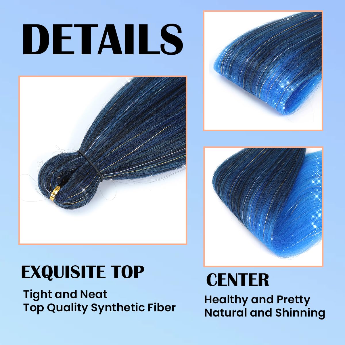 Easy Braid Pre stretched Braiding Hair 28 Inch 3 Packs Jumbo Braiding Hair Synthetic Braiding Hair Extension Twist Braid wigs Hot Water Setting Hair (Blue-Mixed Tinsel)