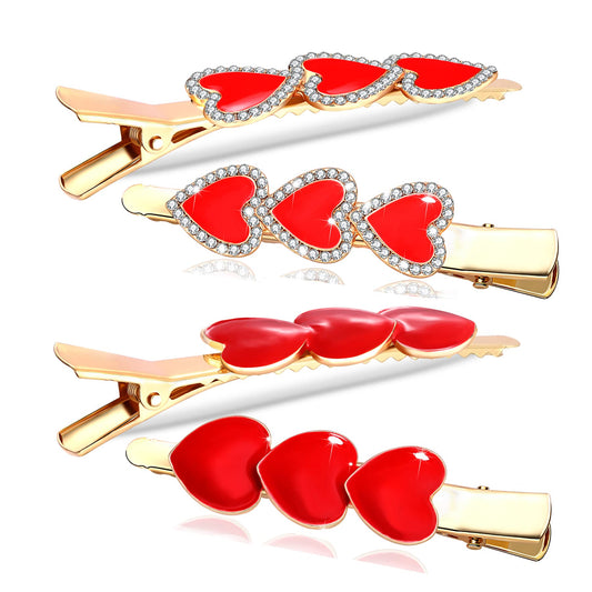 Valentine’s Day Hair Clips Sparkly Rhinestone Enamel Cupid Heart Hairpins for Women Girls Sweet Romantic Triple Love Alligator Clips Barrettes Pretty Styling Hair Accessory Party Gifts (4 packs)