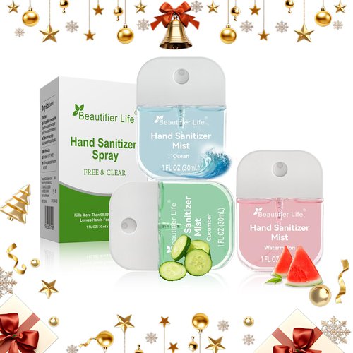 Beautifier Life Mini Hand Sanitizer Mist Spray 3 Pack-Travel Size Portable 1 Fl Oz (30ml) 70% Alcohol, Fast-Dry No-Rinse Formula, Assorted Ocean, Watermelon, Cucumber Scents for On-The-Go Cleanliness