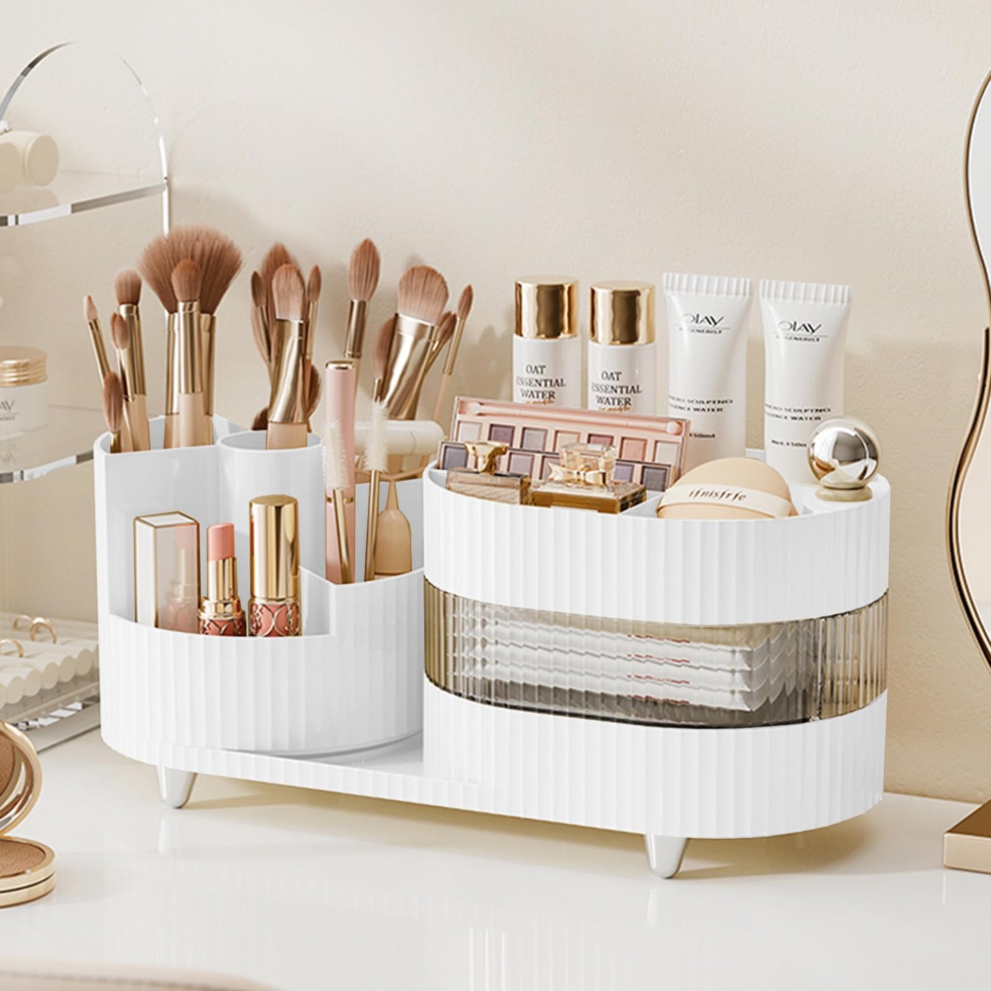 Rotating Cosmetic Organizer - 3 Layer Storage, Brush Holder, Drawer, Countertop Makeup Skincare & Perfume Organizer, Lotions Display Case (White)